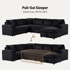 Ruxley 123"W Black Corduroy Sleeper Sectional Sofa with Right-Facing Storage Chaise and Throw Pillows