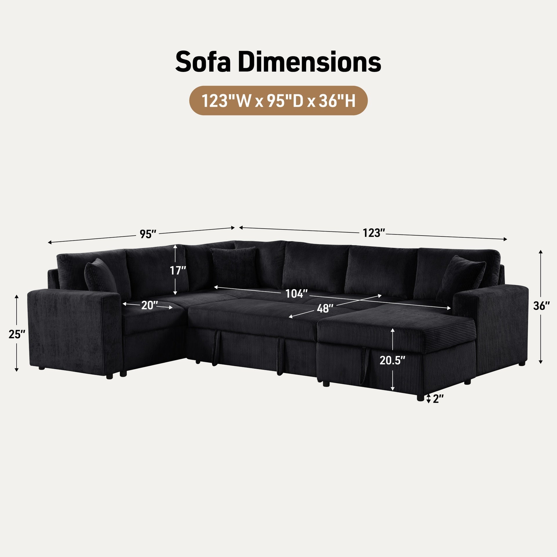 Ruxley 123"W Black Corduroy Sleeper Sectional Sofa with Right-Facing Storage Chaise and Throw Pillows