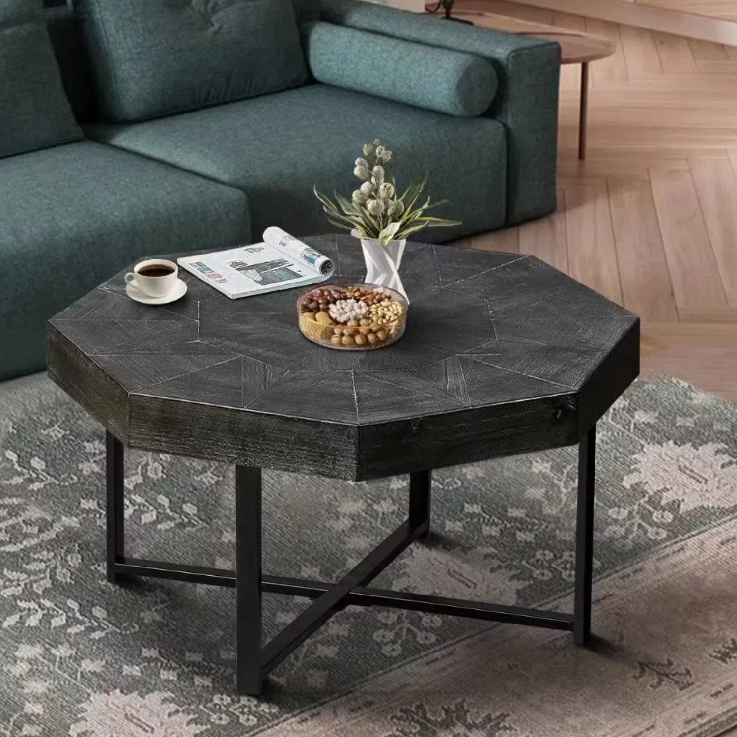 Wood Octagonal Vintage Patchwork Craft Farmhouse 30 Inch Wooden Table Top  Cross Metal Legs Coffee Table for Living Room(Antique Black)