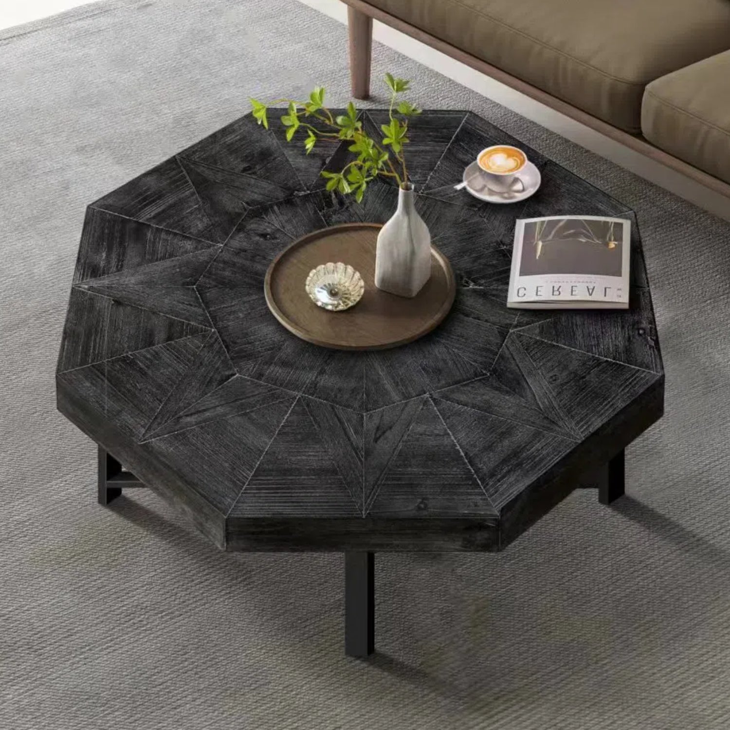 Wood Octagonal Vintage Patchwork Craft Farmhouse 30 Inch Wooden Table Top  Cross Metal Legs Coffee Table for Living Room(Antique Black)