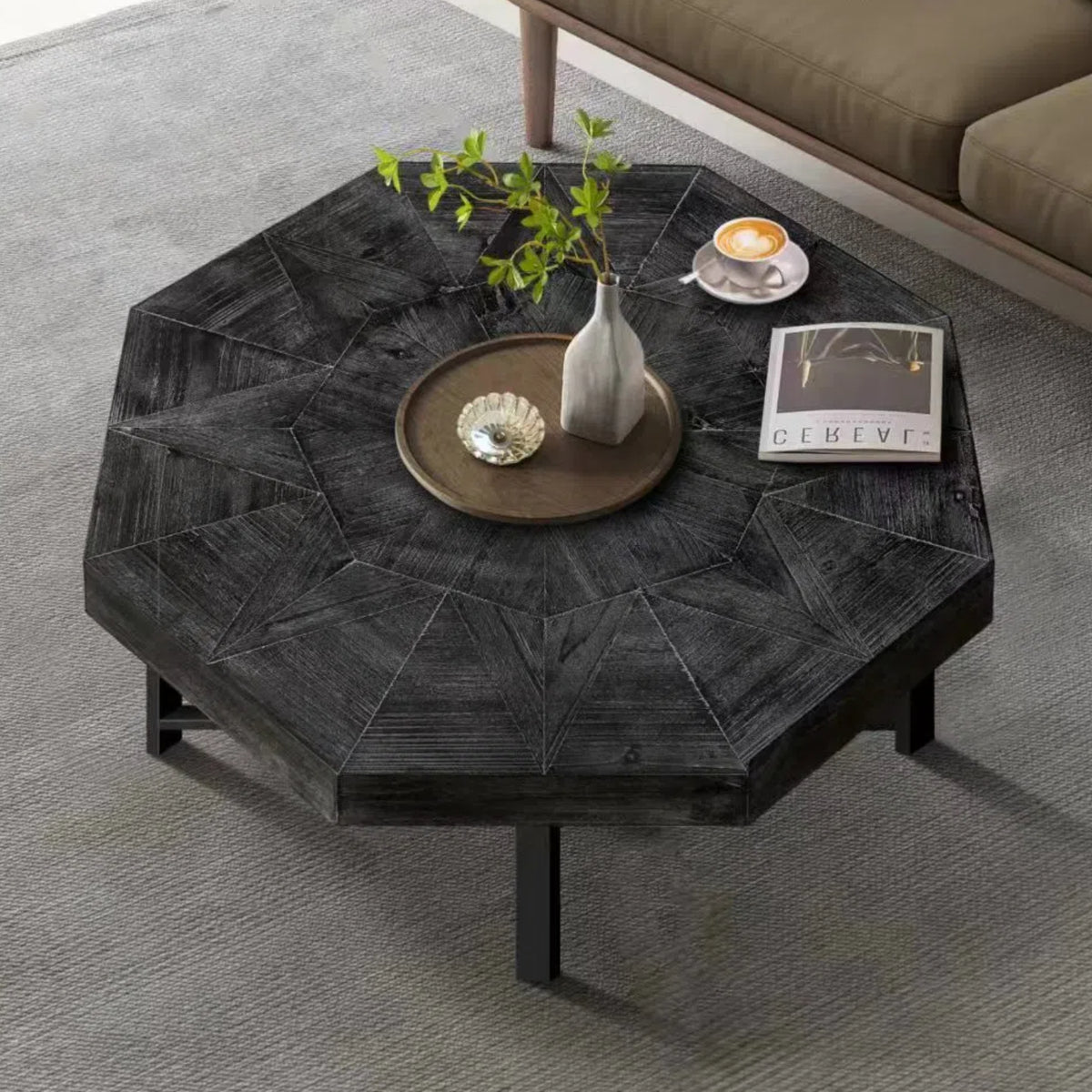 Wood Octagonal Vintage Patchwork Craft Farmhouse 30 Inch Wooden Table Top  Cross Metal Legs Coffee Table for Living Room(Antique Black)