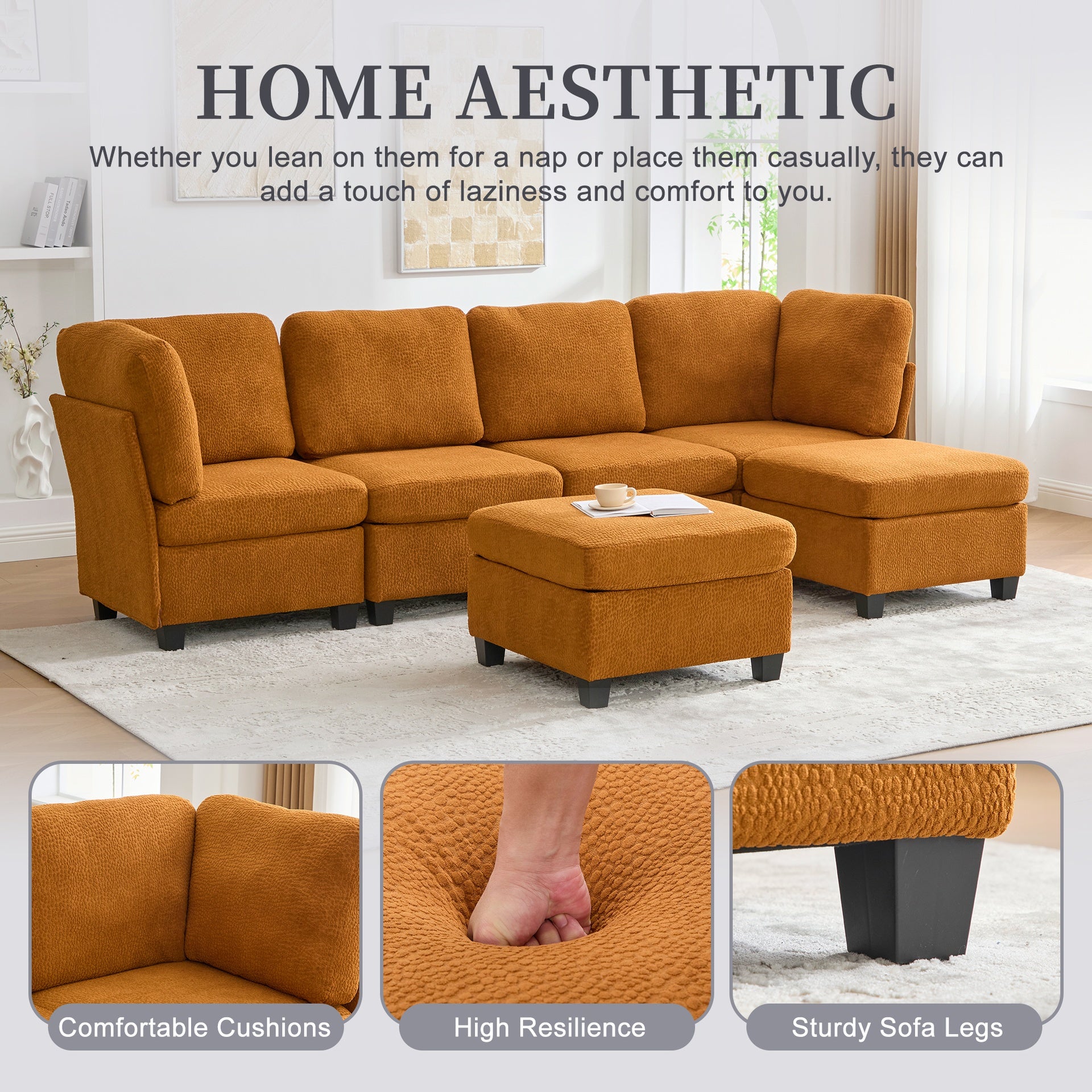 UNITED WE WIN Modular Sectional Sofa: Freely Combinable 6-Seat Convertible Sectionals with Chaise, U Shaped Oversized Sectional Couches with Storage Ottoman for Home Apartment Office