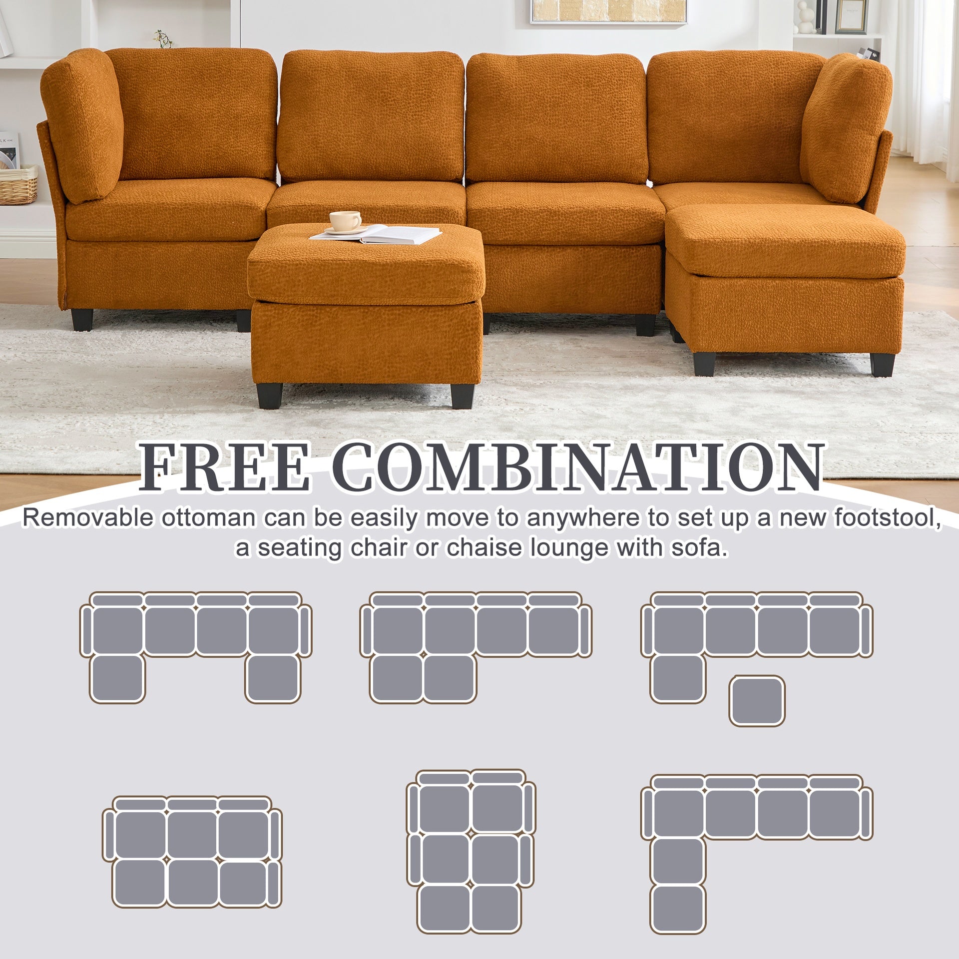 UNITED WE WIN Modular Sectional Sofa: Freely Combinable 6-Seat Convertible Sectionals with Chaise, U Shaped Oversized Sectional Couches with Storage Ottoman for Home Apartment Office