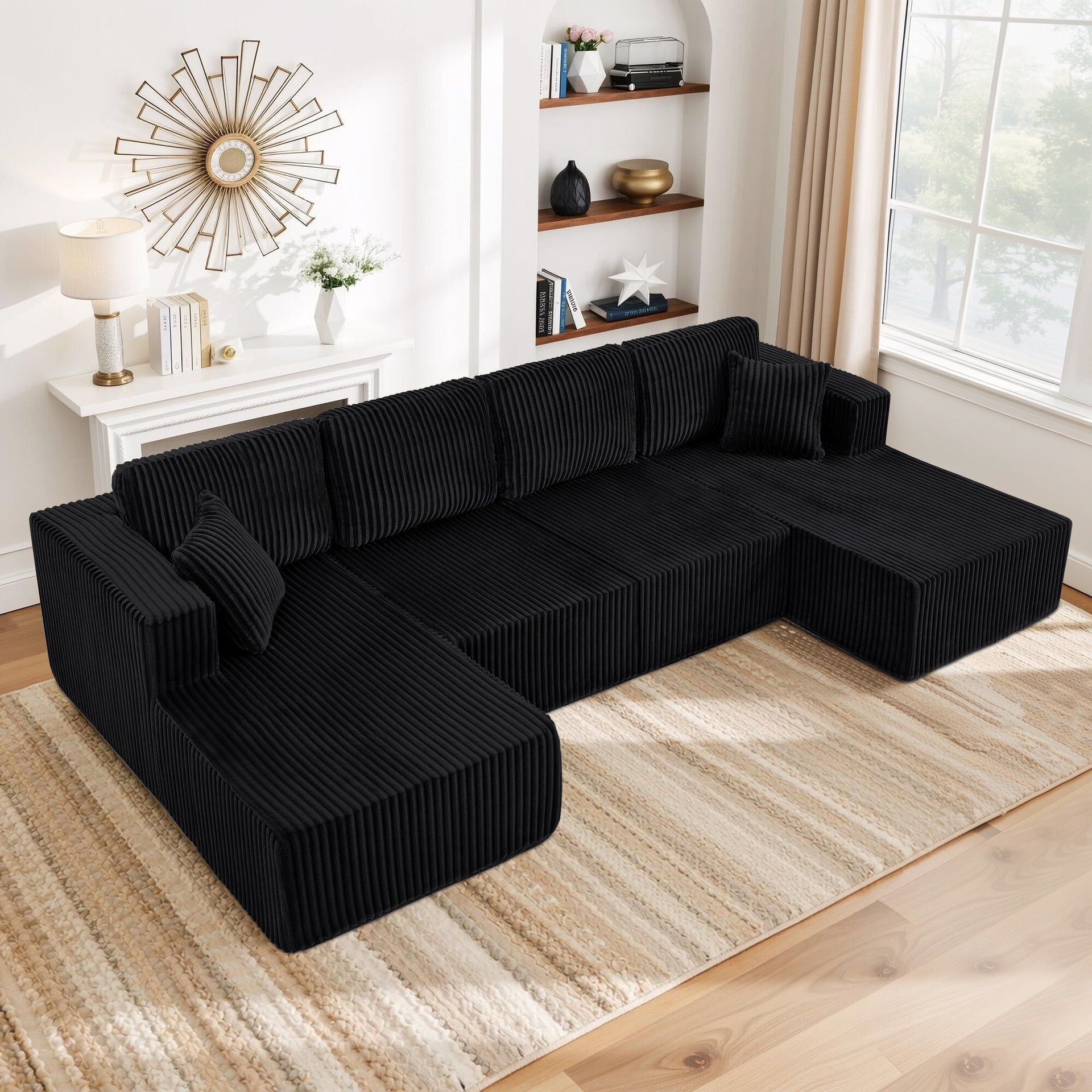U-Shaped Modular Sectional Sofa [SIZE UPGRADED], Modern Minimalist Corduroy Compressed Sleeper Couch, Extra Spacious Design for Living Room/Bedroom, Comfy Space-Saving Sofa-Black