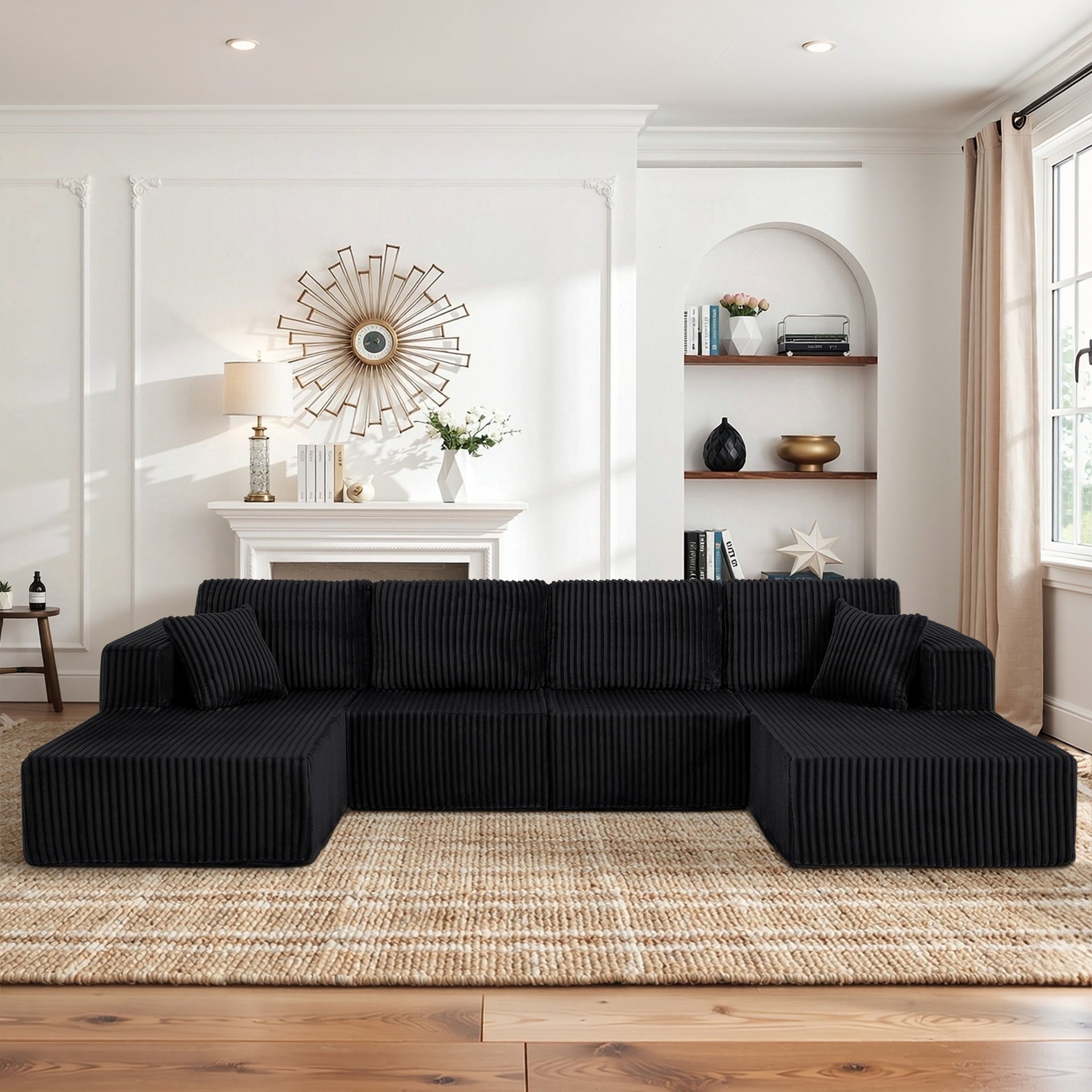 U-Shaped Modular Sectional Sofa [SIZE UPGRADED], Modern Minimalist Corduroy Compressed Sleeper Couch, Extra Spacious Design for Living Room/Bedroom, Comfy Space-Saving Sofa-Black