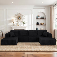 U-Shaped Modular Sectional Sofa [SIZE UPGRADED], Modern Minimalist Corduroy Compressed Sleeper Couch, Extra Spacious Design for Living Room/Bedroom, Comfy Space-Saving Sofa-Black