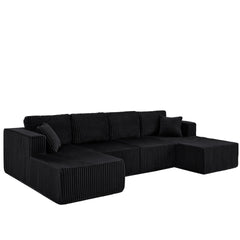 U-Shaped Modular Sectional Sofa [SIZE UPGRADED], Modern Minimalist Corduroy Compressed Sleeper Couch, Extra Spacious Design for Living Room/Bedroom, Comfy Space-Saving Sofa-Black