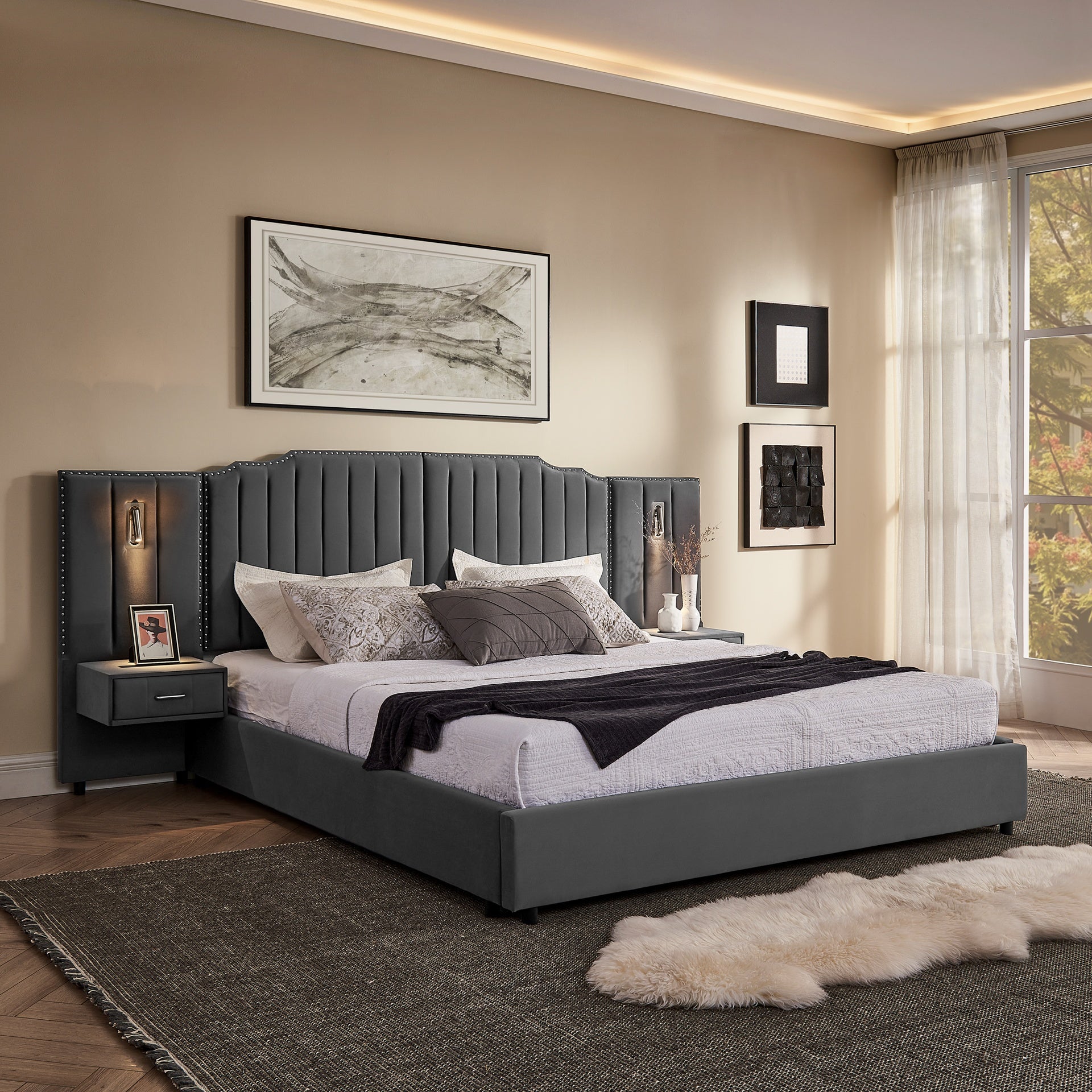 King Size Upholstered Bed Frame with Velvet Fabric, Vertical Stripe Design with Buttons Around King Size Platform Bed with Headboard, Solid Frame & Bedside Table - No Box Spring Needed-Gray