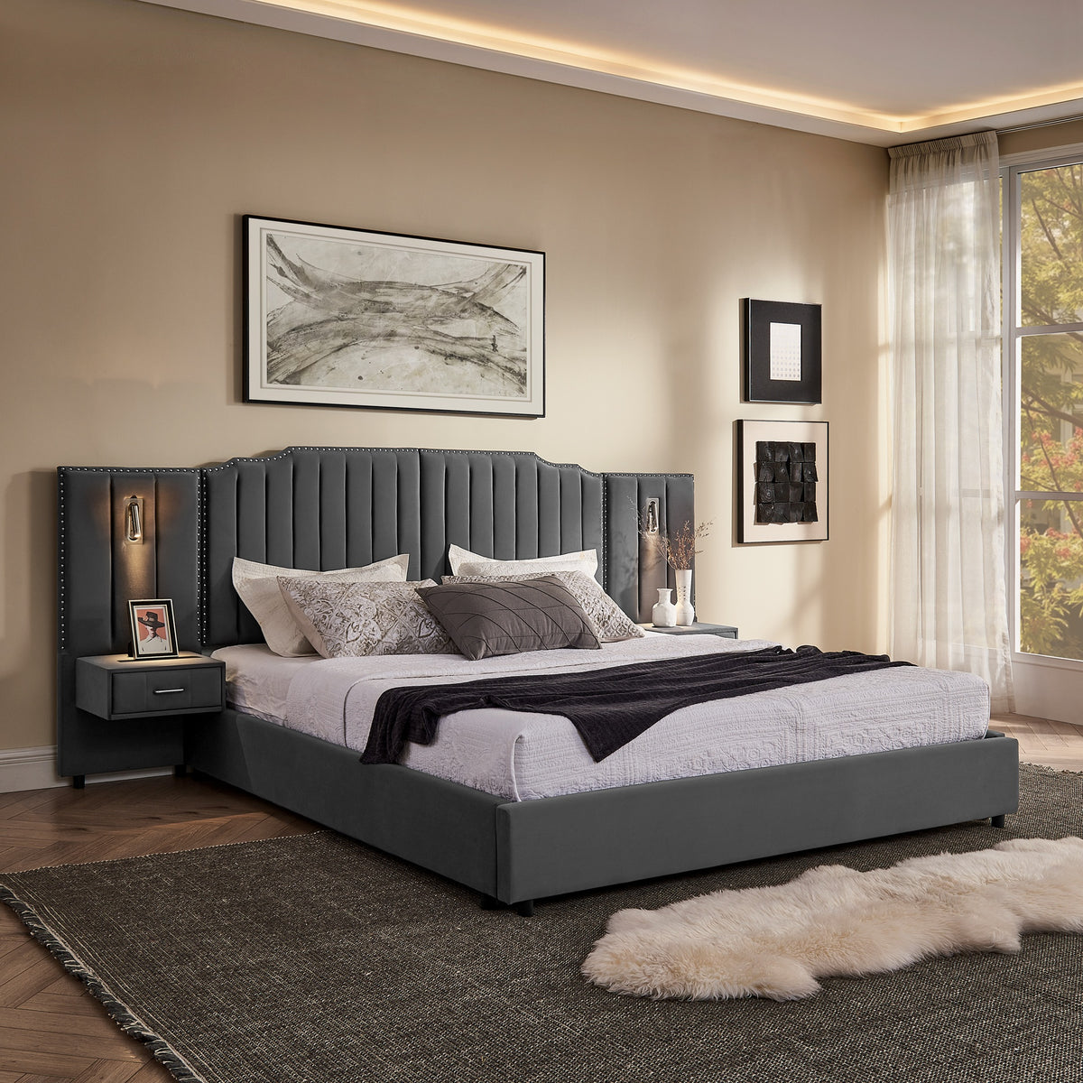 King Size Upholstered Bed Frame with Velvet Fabric, Vertical Stripe Design with Buttons Around King Size Platform Bed with Headboard, Solid Frame & Bedside Table - No Box Spring Needed-Gray