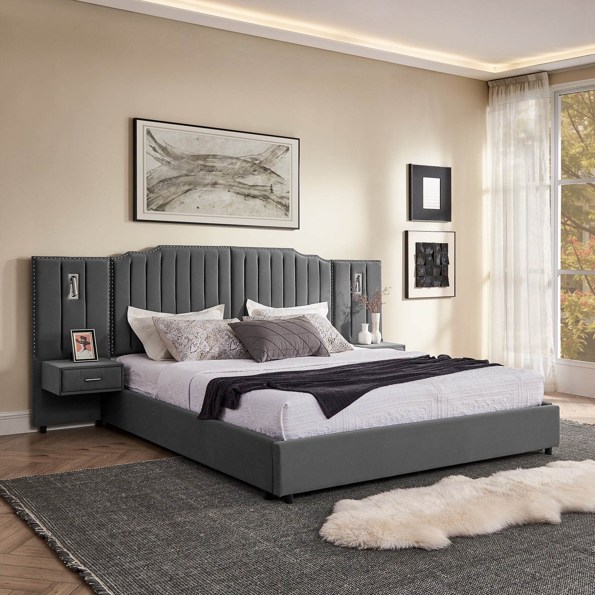 King Size Upholstered Bed Frame with Velvet Fabric, Vertical Stripe Design with Buttons Around King Size Platform Bed with Headboard, Solid Frame & Bedside Table - No Box Spring Needed-Gray