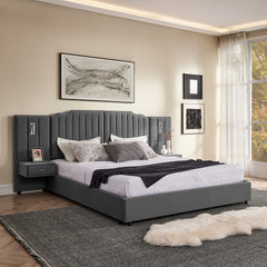 King Size Upholstered Bed Frame with Velvet Fabric, Vertical Stripe Design with Buttons Around King Size Platform Bed with Headboard, Solid Frame & Bedside Table - No Box Spring Needed-Gray