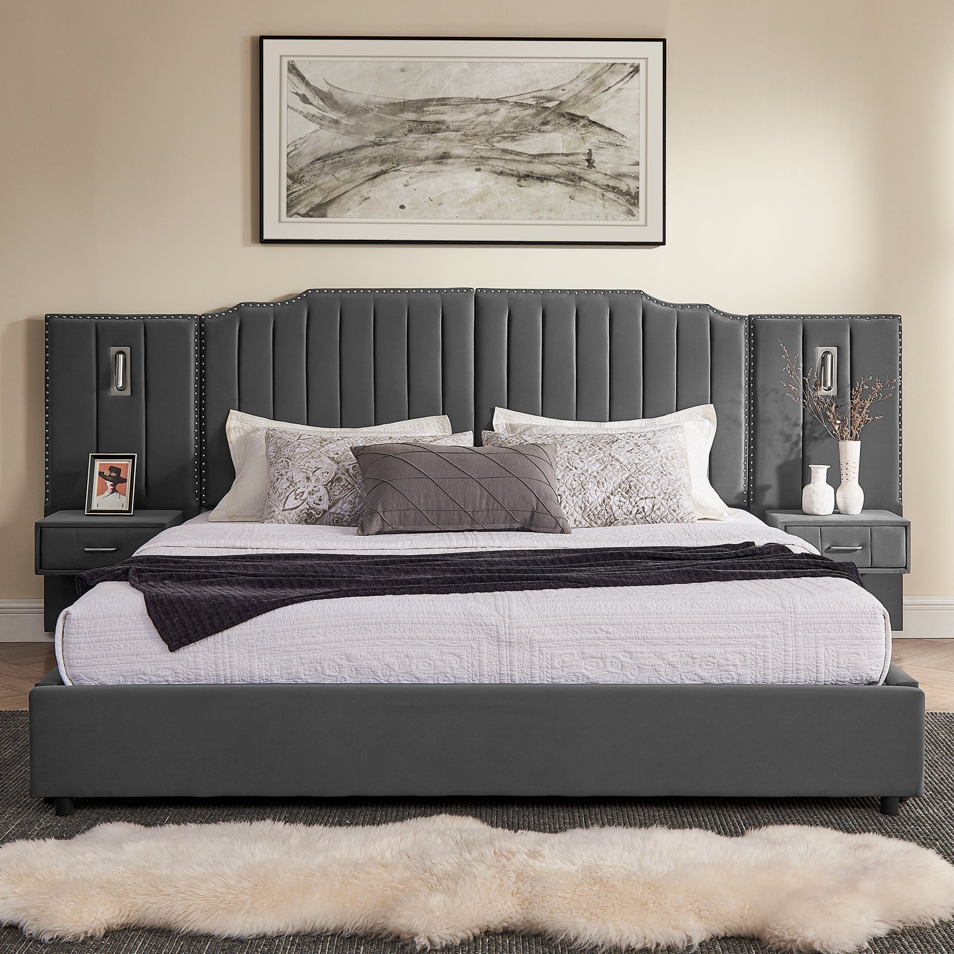 King Size Upholstered Bed Frame with Velvet Fabric, Vertical Stripe Design with Buttons Around King Size Platform Bed with Headboard, Solid Frame & Bedside Table - No Box Spring Needed-Gray