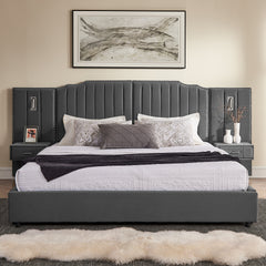 King Size Upholstered Bed Frame with Velvet Fabric, Vertical Stripe Design with Buttons Around King Size Platform Bed with Headboard, Solid Frame & Bedside Table - No Box Spring Needed-Gray