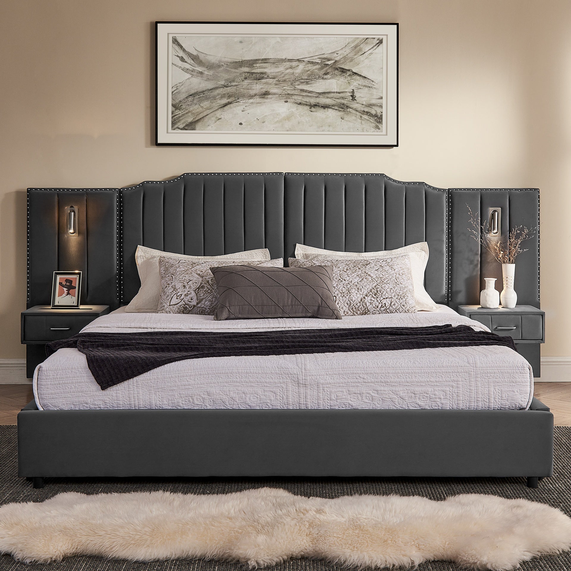 King Size Upholstered Bed Frame with Velvet Fabric, Vertical Stripe Design with Buttons Around King Size Platform Bed with Headboard, Solid Frame & Bedside Table - No Box Spring Needed-Gray