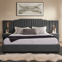 King Size Upholstered Bed Frame with Velvet Fabric, Vertical Stripe Design with Buttons Around King Size Platform Bed with Headboard, Solid Frame & Bedside Table - No Box Spring Needed-Gray