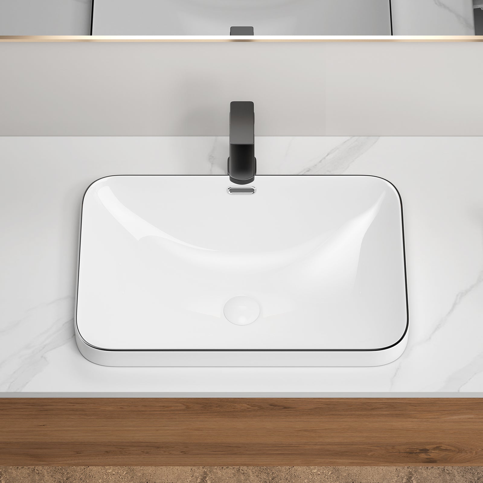 Ceramic Undermount Bathroom Sink 22.05" x 15.36" x 6.7" - White Porcelain Vessel Basin, Seamless Design for Vanity Countertop (3 Styles: Solid White, White with Black Lines, White with Black Edge)