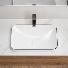 Ceramic Undermount Bathroom Sink 22.05" x 15.36" x 6.7" - White Porcelain Vessel Basin, Seamless Design for Vanity Countertop (3 Styles: Solid White, White with Black Lines, White with Black Edge)