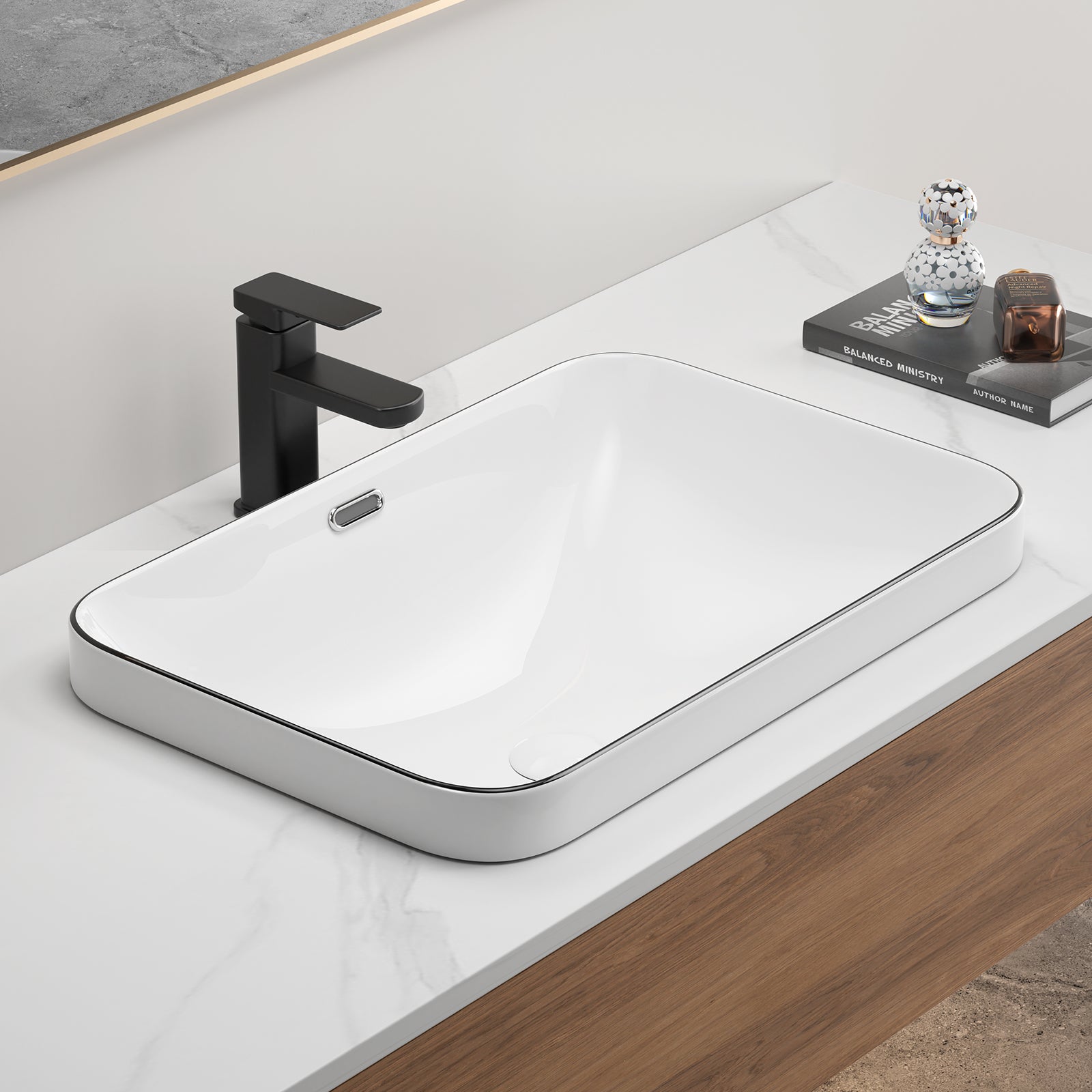 Ceramic Undermount Bathroom Sink 22.05" x 15.36" x 6.7" - White Porcelain Vessel Basin, Seamless Design for Vanity Countertop (3 Styles: Solid White, White with Black Lines, White with Black Edge)