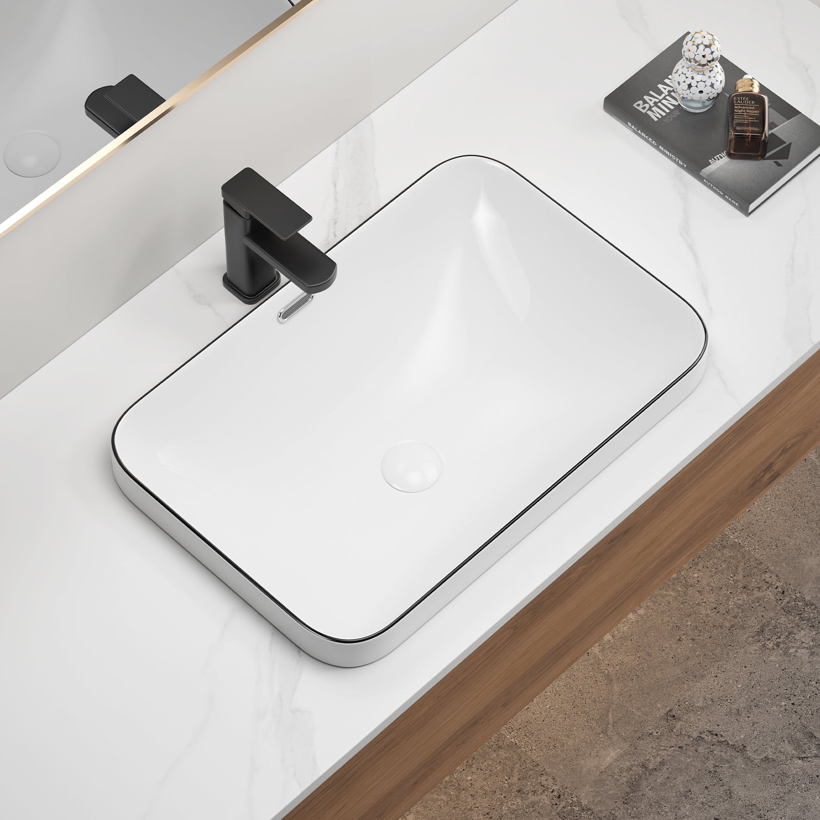 Ceramic Undermount Bathroom Sink 22.05" x 15.36" x 6.7" - White Porcelain Vessel Basin, Seamless Design for Vanity Countertop (3 Styles: Solid White, White with Black Lines, White with Black Edge)