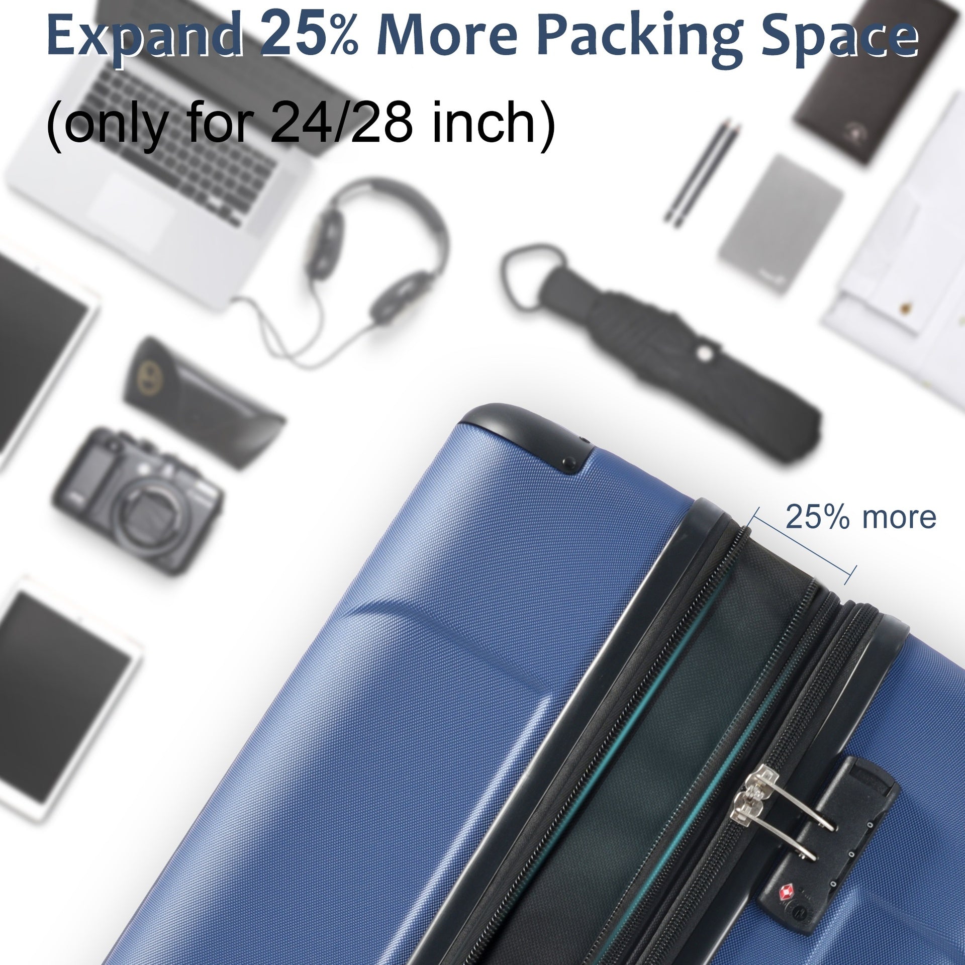 Hardshell Luggage, Lightweight Durable ABS Suitcases with Double Wheels, Expandable 24-inch Checked Luggage 24" (Blue)