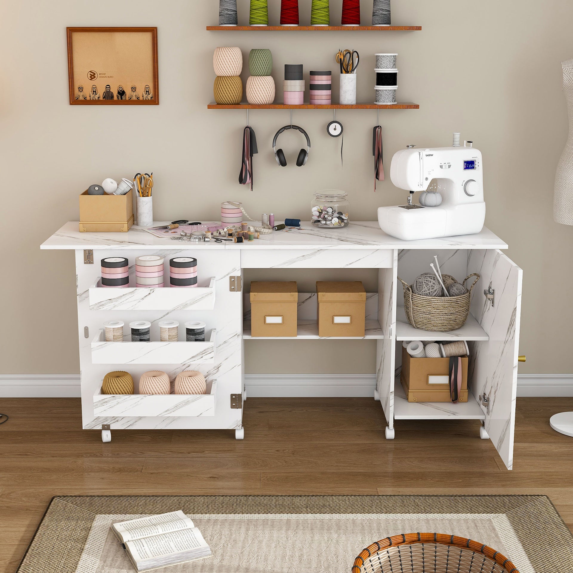 57.5" Foldable Sewing Machine Table with Locking Casters, Multi-Storage Craft Station with Shelves, Bins & Cabinet, Adjustable Sewing Cabinet for Home, Bedroom, and Craft Room(White)