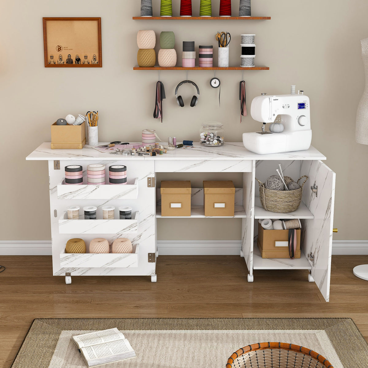 57.5" Foldable Sewing Machine Table with Locking Casters, Multi-Storage Craft Station with Shelves, Bins & Cabinet, Adjustable Sewing Cabinet for Home, Bedroom, and Craft Room(White)