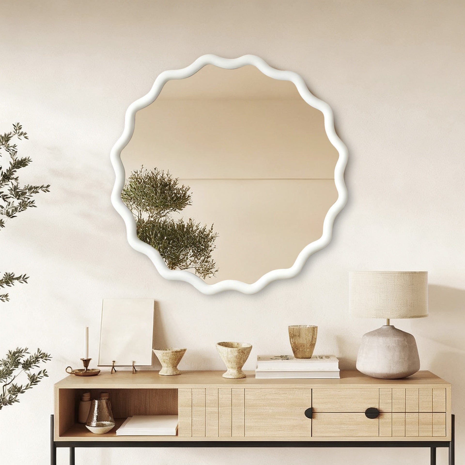 White 36 inch Wavy Round Solid Wood Frame Decorative Mirror,For Bedroom, Bathroom, Living Room, Entryway
