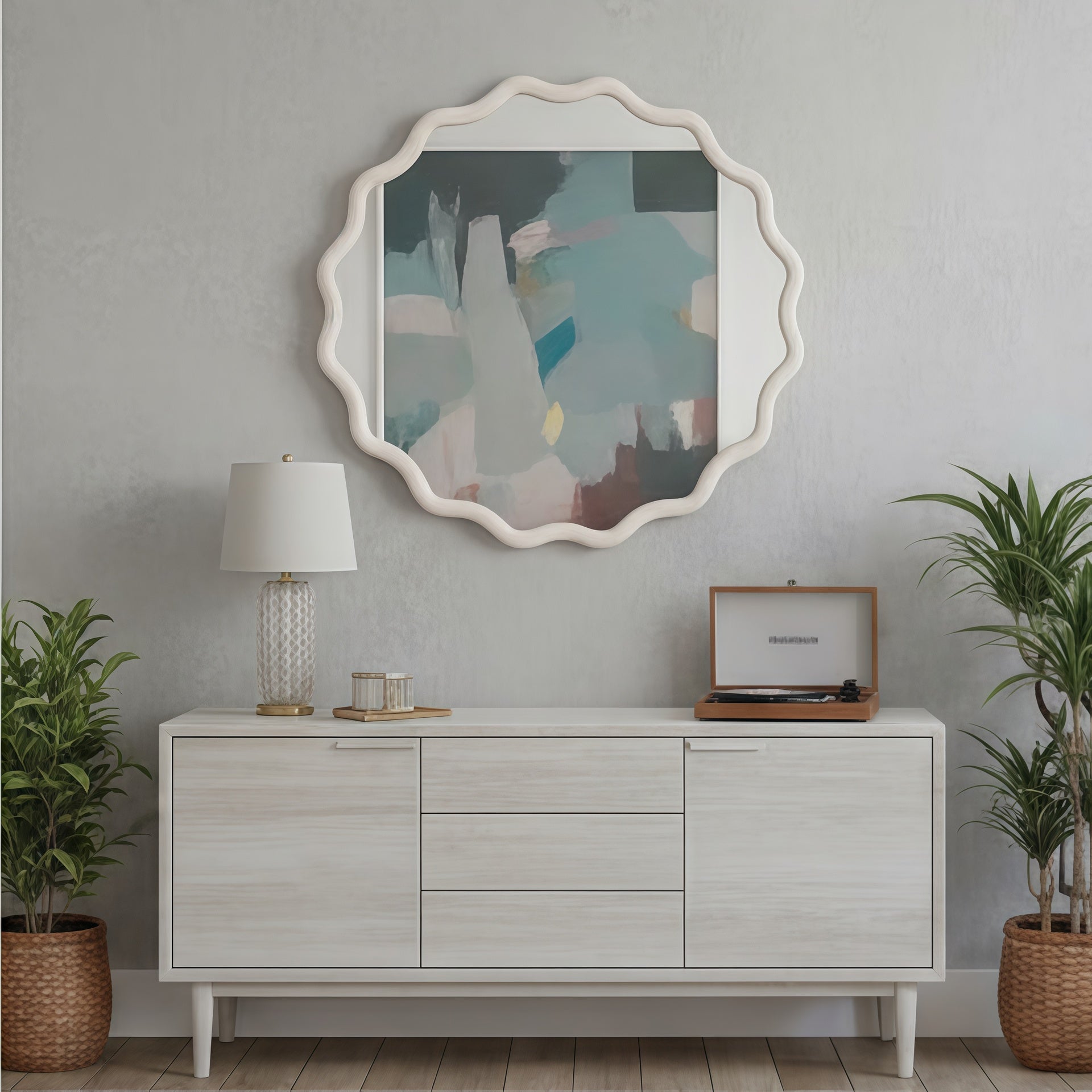 White 36 inch Wavy Round Solid Wood Frame Decorative Mirror,For Bedroom, Bathroom, Living Room, Entryway