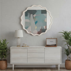White 36 inch Wavy Round Solid Wood Frame Decorative Mirror,For Bedroom, Bathroom, Living Room, Entryway