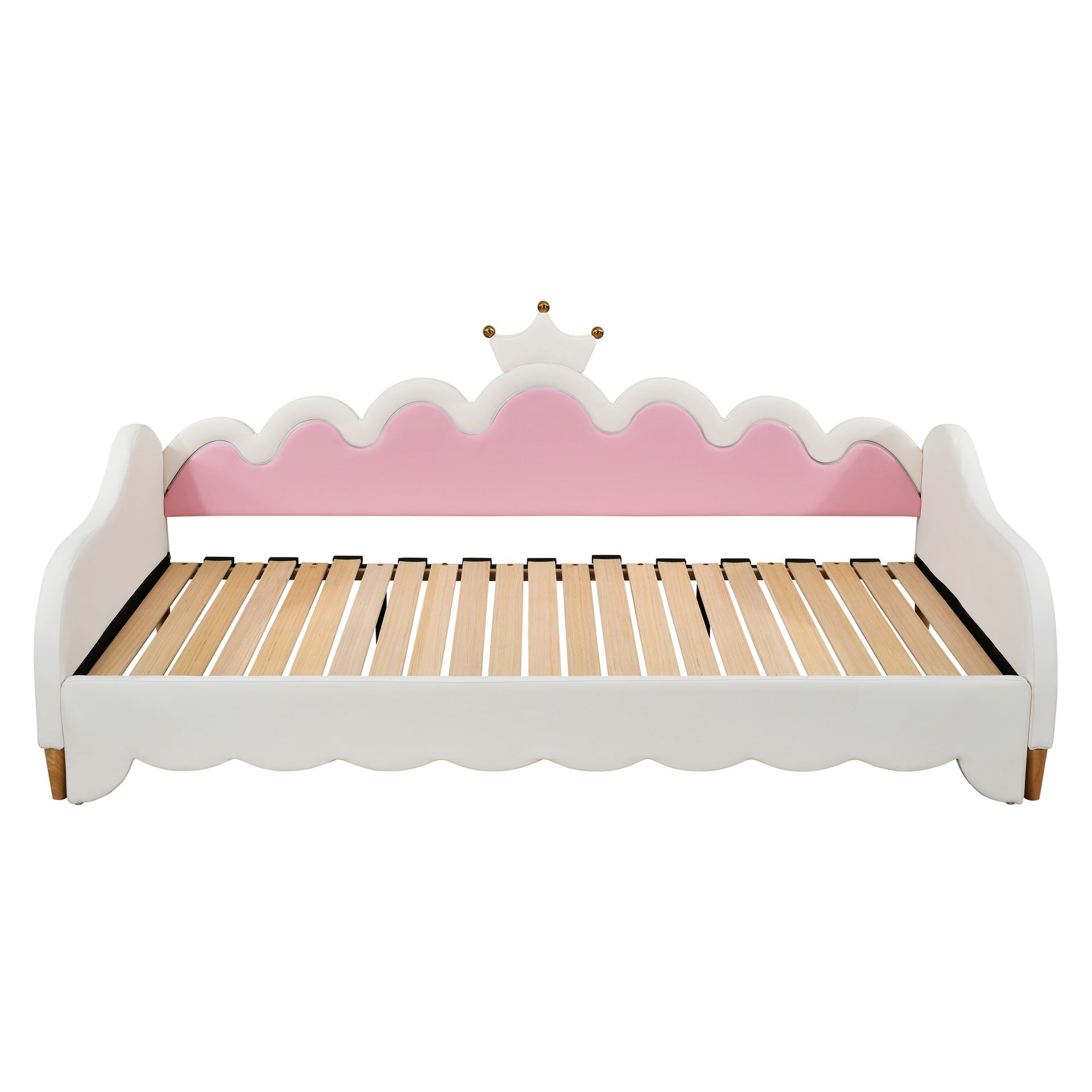 Twin Extending Daybed with LED Lights, Modern Upholstered Princess Daybed With Crown Headboard,White