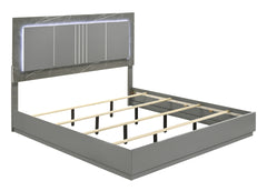 Elara Queen 5-Piece Set – Two-Tone High-Gloss Marble & Lacquer Finish with LED Lighting, Metal-Finished Legs, Spacious Storage- Gray (NJ Inventory)