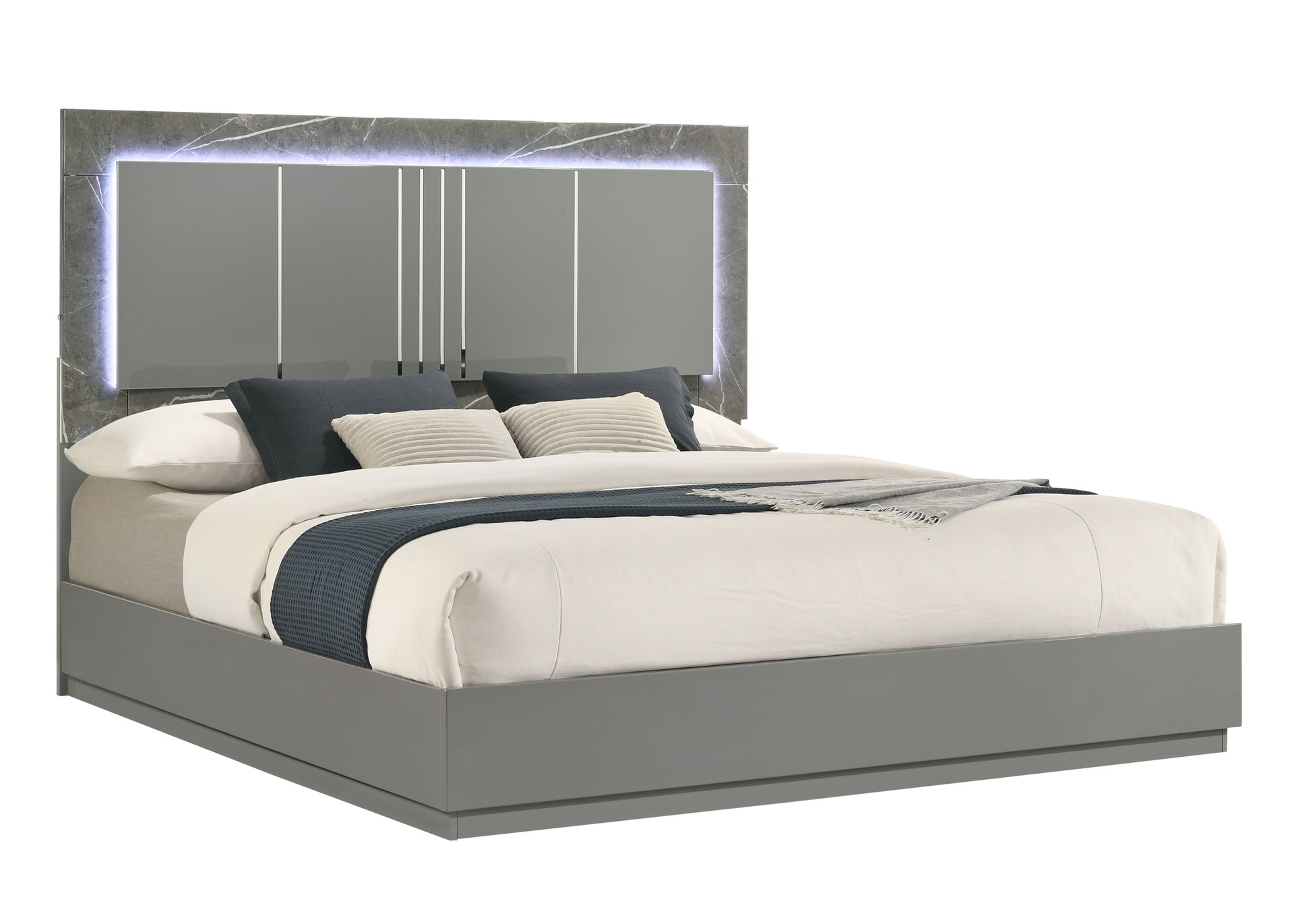 Elara Queen Bed – Two-Tone High-Gloss Marble & Lacquer Finish with LED Lighting, Metal-Finished Legs- Gray (NJ Inventory)