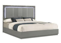 Elara Queen Bed – Two-Tone High-Gloss Marble & Lacquer Finish with LED Lighting, Metal-Finished Legs- Gray (NJ Inventory)