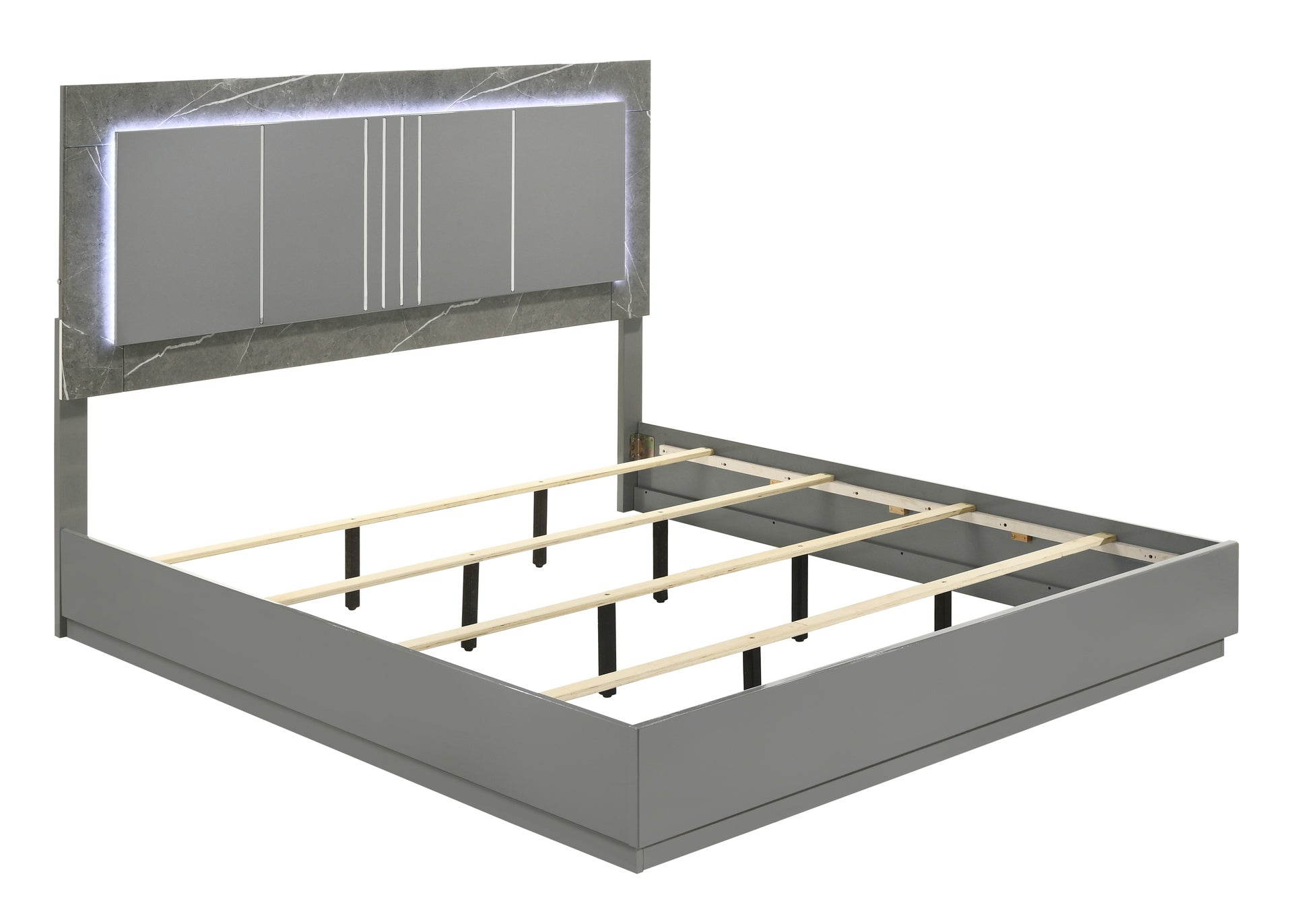 Elara Queen Bed – Two-Tone High-Gloss Marble & Lacquer Finish with LED Lighting, Metal-Finished Legs- Gray (NJ Inventory)