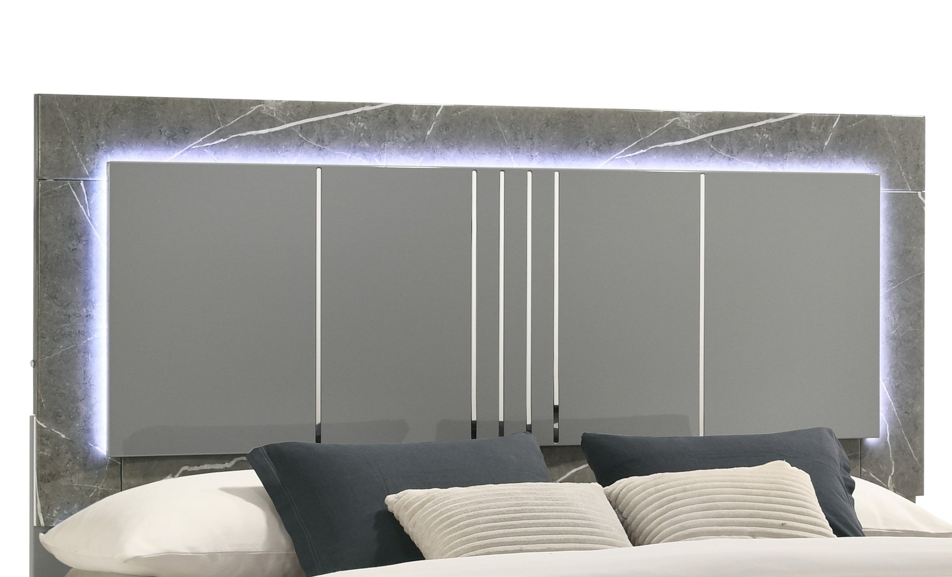 Elara Queen Bed – Two-Tone High-Gloss Marble & Lacquer Finish with LED Lighting, Metal-Finished Legs- Gray (NJ Inventory)
