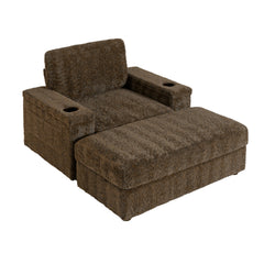 42" Oversized Single Sofa, Faux Rabbit Fur Armchair with Cup Holders, Upholstered Chaise Lounge with Storage Ottoman and Armrests, Sleeper Reading Couch with Deep Seat for Living Room, Apartment