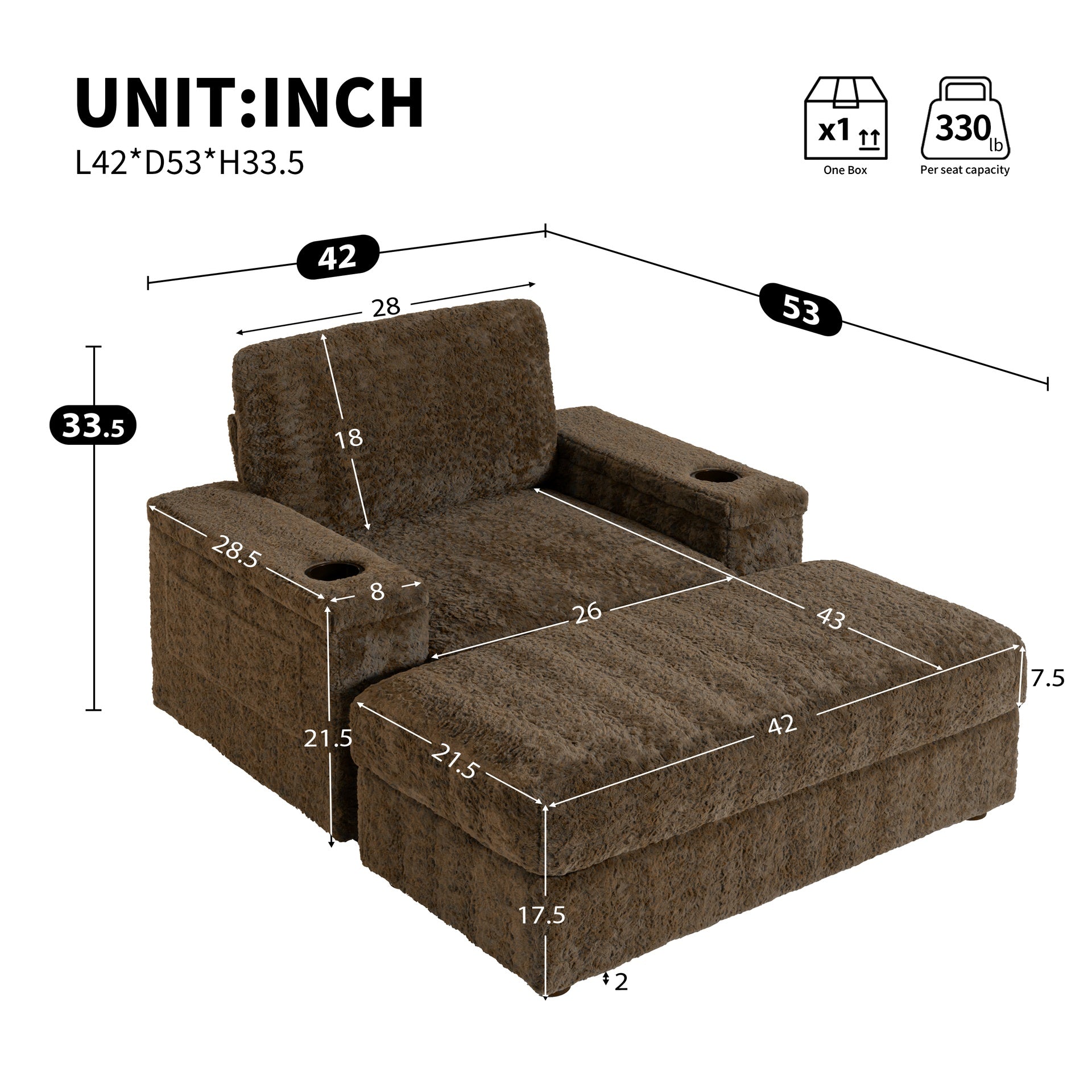 42" Oversized Single Sofa, Faux Rabbit Fur Armchair with Cup Holders, Upholstered Chaise Lounge with Storage Ottoman and Armrests, Sleeper Reading Couch with Deep Seat for Living Room, Apartment