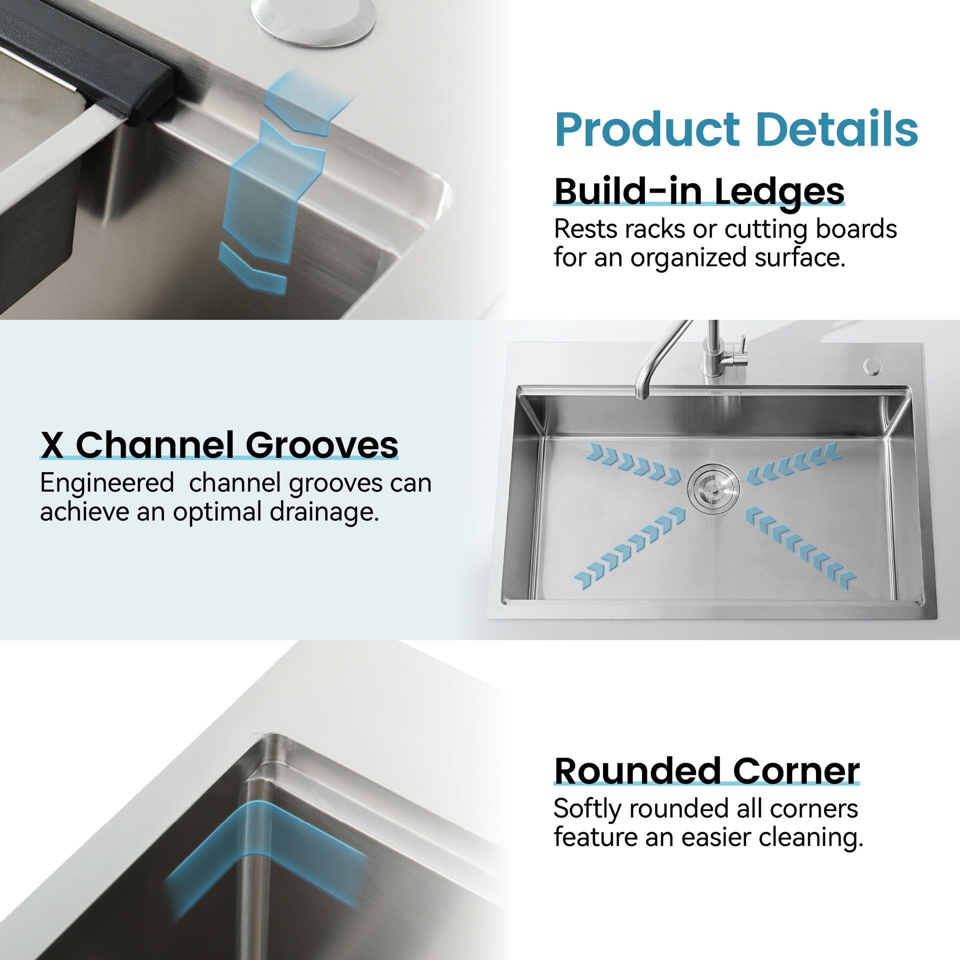 Stainless Steel Kitchen Sink, 36″x22″ Single Bowl, Overmount Handmade Sink in Brushed, with Cutting Board, Colander, Grid, SS-BR01-362208