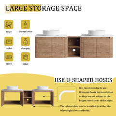 72'' Wall-Mounted Bathroom Vanity With Ceramic Art Sink, and 1-Storage Shelves, 4-Soft-Close Door, KD-Packing, Plywood