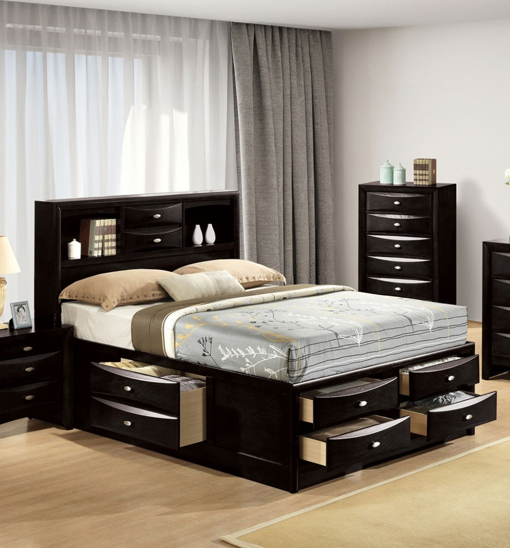 Contemporary King Size Bed W Footboard Drawers Headboard Bookcase Black Color 1pc Bed Bedroom Furniture