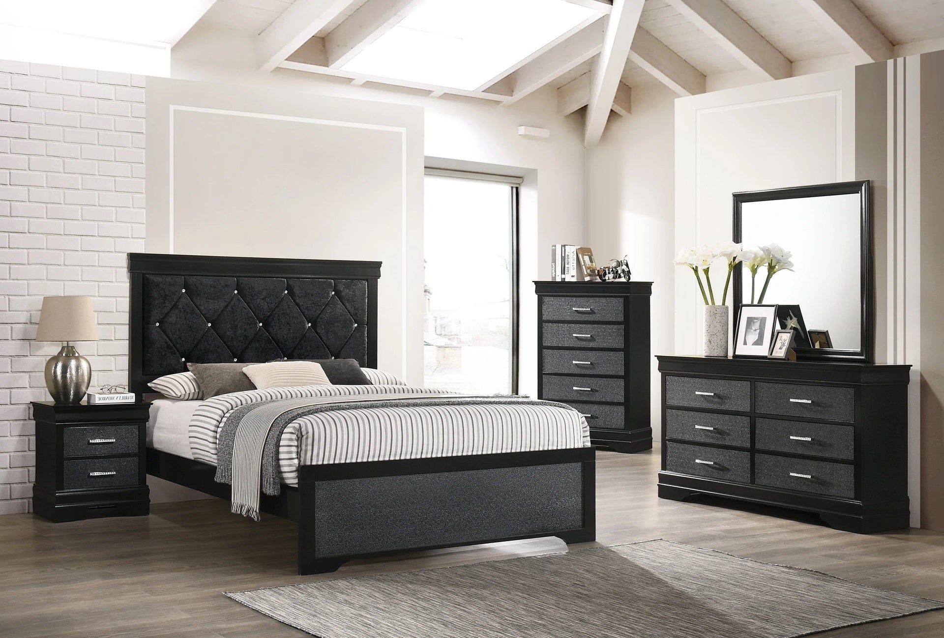 Modern 1pc Black Finish King Size Panel Bed Wooden Fabric Upholstered Headboard Crystal-Like Button Tufted Fabric Bedroom Furniture