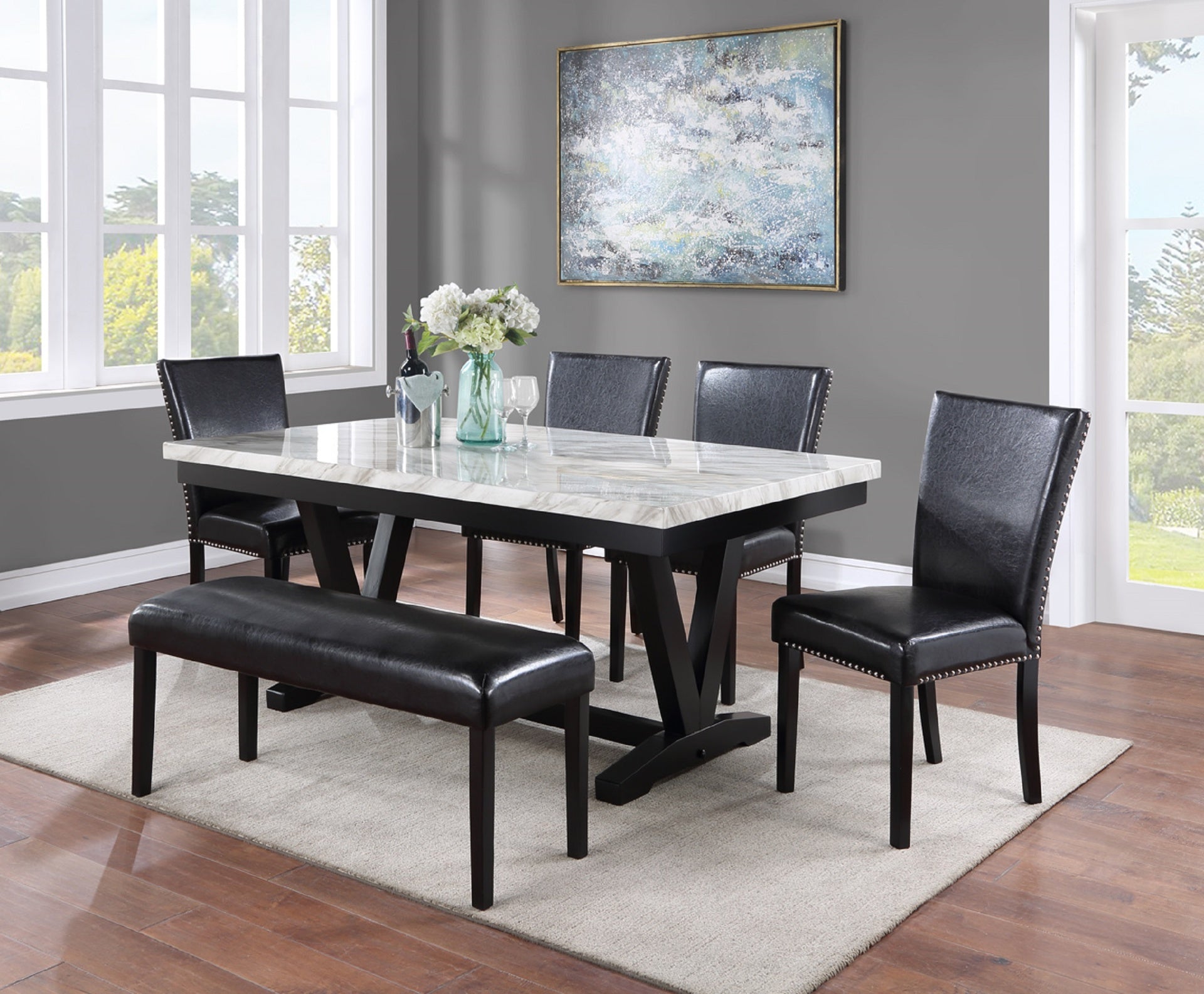 White Faux Marble & Black Finish Dining Table Set Black Faux Leather Upholstered Chairs Bench Nailhead Trim Polyurethane Fabric 6pc Set