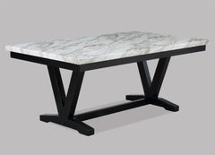 White Faux Marble & Black Finish Dining Table Set Black Faux Leather Upholstered Chairs Bench Nailhead Trim Polyurethane Fabric 6pc Set