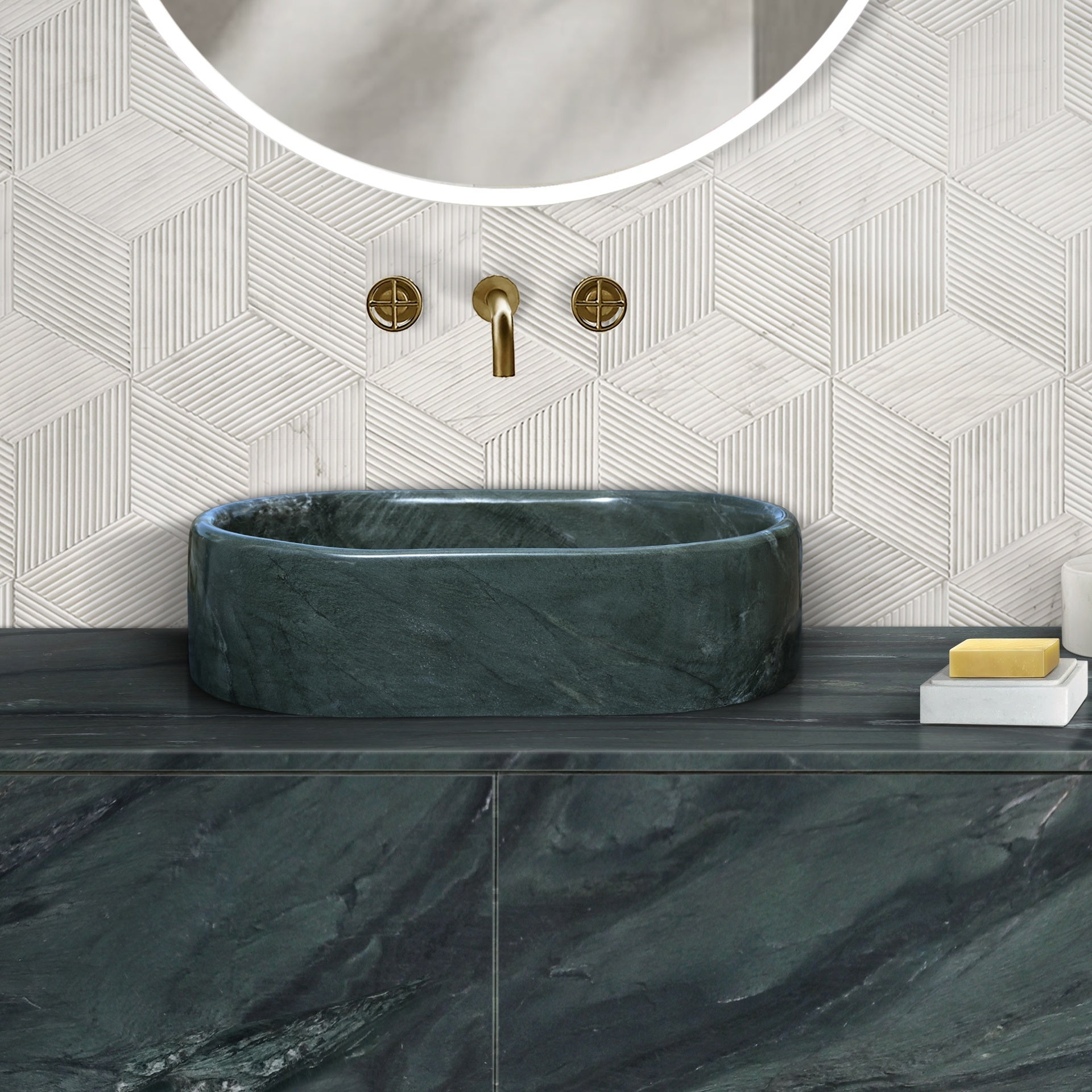 Green natural marble bathroom vessel sink, polished finished, natural stone, genuine marble, real marble, 23.6x15.7xH5.9 Inches/600X400XH150 mm