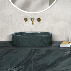 Green natural marble bathroom vessel sink, polished finished, natural stone, genuine marble, real marble, 23.6x15.7xH5.9 Inches/600X400XH150 mm