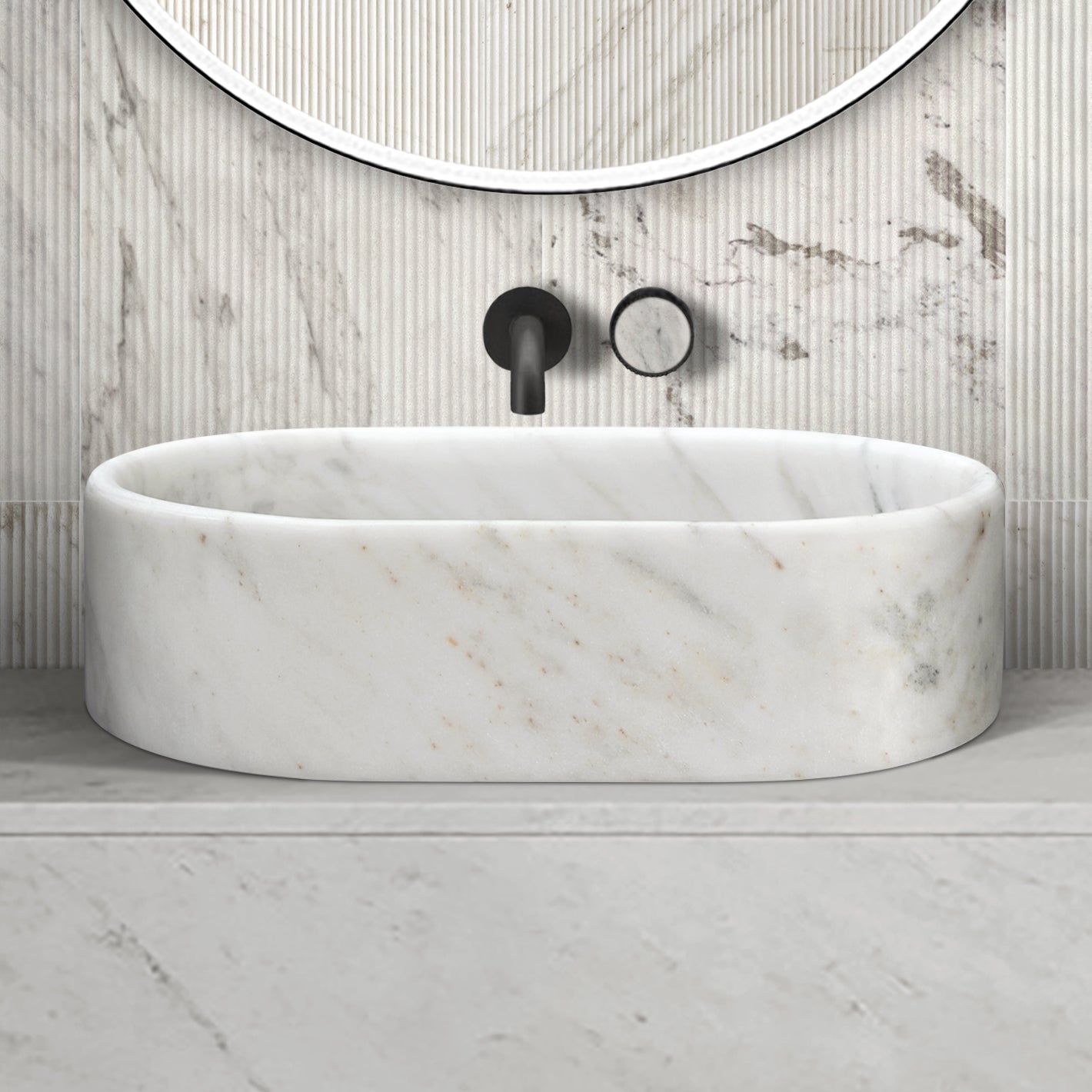 White natural marble bathroom vessel sink, semi-polished surface, natural stone, genuine marble, real marble, 23.6x15.7xH5.9 Inches/600X400XH150 mm