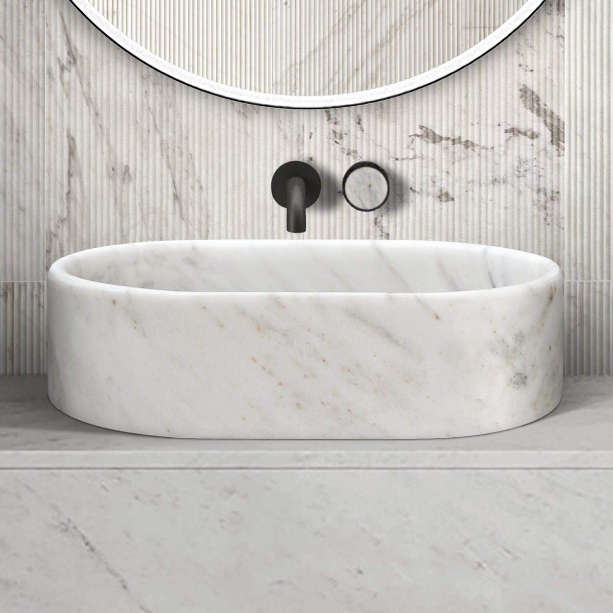 White natural marble bathroom vessel sink, semi-polished surface, natural stone, genuine marble, real marble, 23.6x15.7xH5.9 Inches/600X400XH150 mm