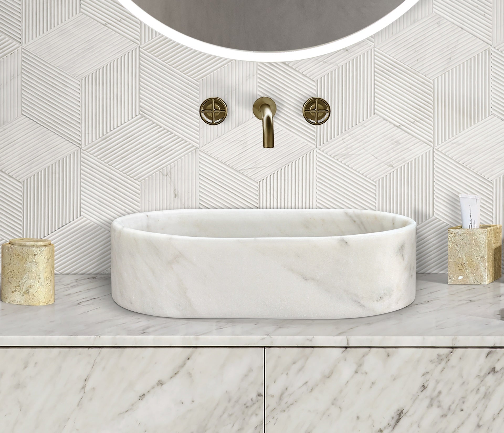White natural marble bathroom vessel sink, semi-polished surface, natural stone, genuine marble, real marble, 23.6x15.7xH5.9 Inches/600X400XH150 mm