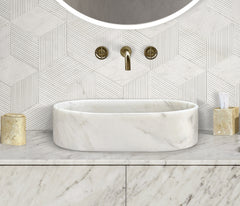 White natural marble bathroom vessel sink, semi-polished surface, natural stone, genuine marble, real marble, 23.6x15.7xH5.9 Inches/600X400XH150 mm