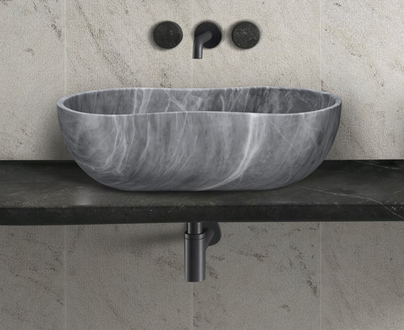 Carrara Gray natural marble bathroom vessel sink, semi-polished surface, natural stone, genuine marble, real marble, 23.6x14.2xH7.1 inches/600x360xH180 mm